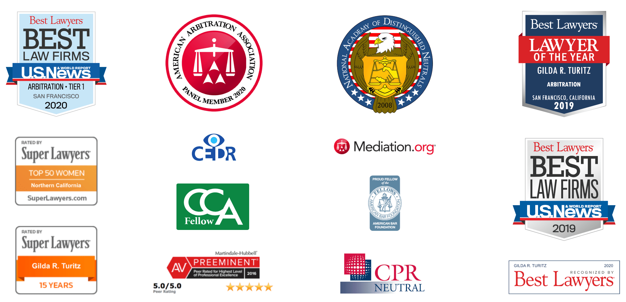 Best Lawyer in San Francisco Awards: US News, Lawyer of the Year, Super Lawyers, CEDR, CCA Fellow, Martindale-Hubbell 5 Stars, CPR Neutral, Mediation.org, American Bar Foundation Fellow